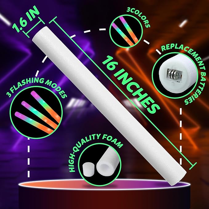 32 Packs 16 inch Foam Glow Sticks Bulk, 3 Color LED Light Foam Sticks, Glow in The Dark Party Supplies, 3 Modes Colorful Flashing for Birthday Halloween Thanksgiving Xmas Party Wedding