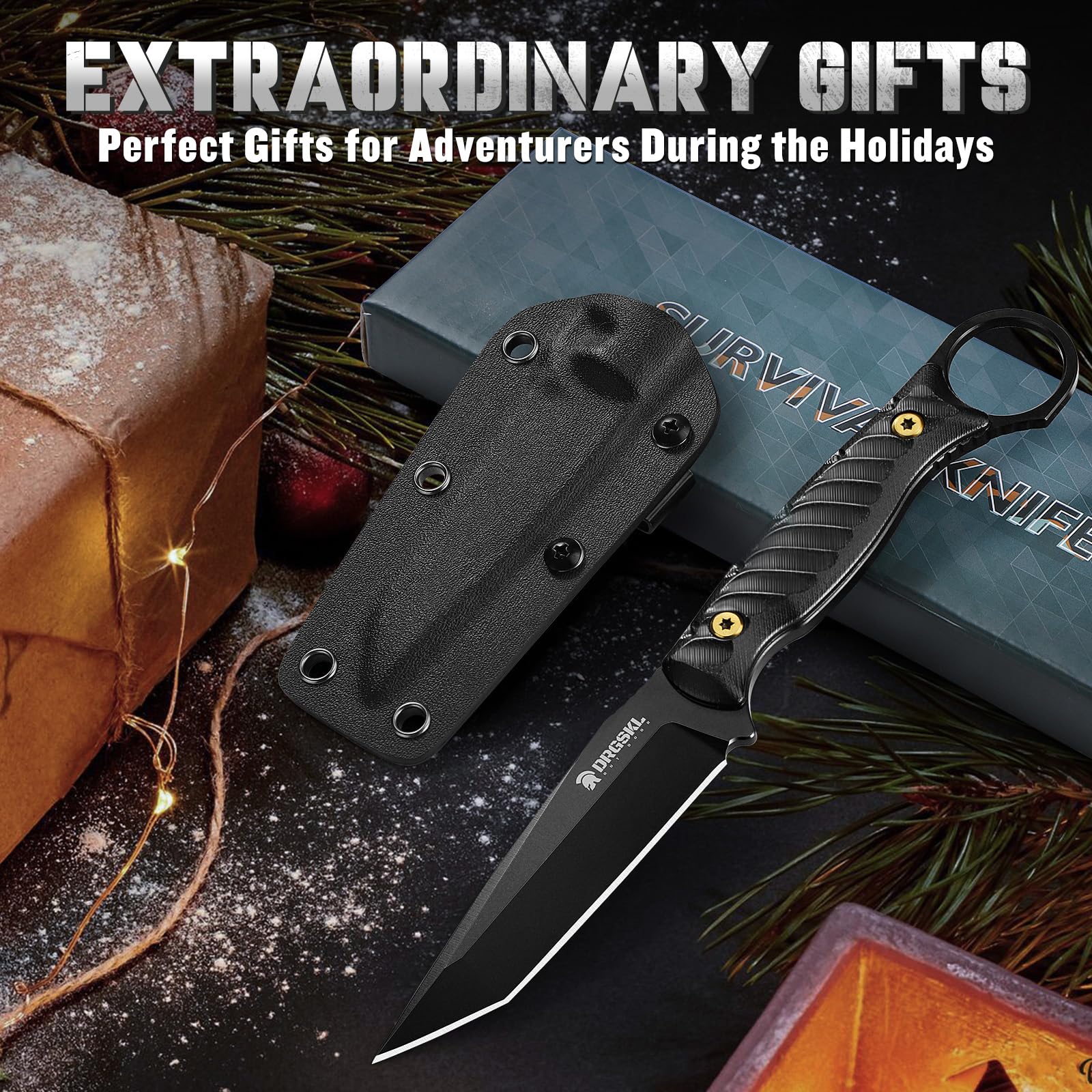 DRGSKL Tanto Fixed Blade Knife - Camping Knife with Sheath - Black