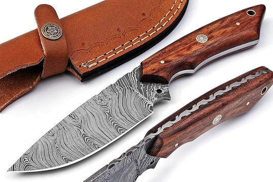 Custom Handmade Damascus Fixed Blade,Full Tang Hunting Knives With Leather Sheath (Gift) For Outdoor Camping. (Rose Wood Handle), PCL-0078