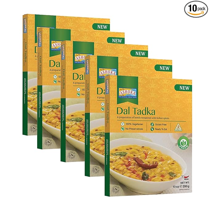 Ashoka Meals 1932, Plant-Based Lentils Curry, All-Natural Ready to Eat Meals, Authentic Dal Tadka, Portable Indian Food, Great for Lunch, Kosher Certified, Gluten-Free, No Preservatives, Pack of 10
