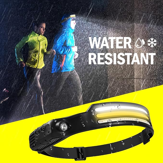 AURUZA 2PCS Headlamp Flashlight,2 COB 230°Wide Beam Headlight Rechargeable LED Headlamps with Motion Sensor Bright 5 Modes Three Light Strips Waterproof Head Lamp for Outdoor Running, Camping Hiking
