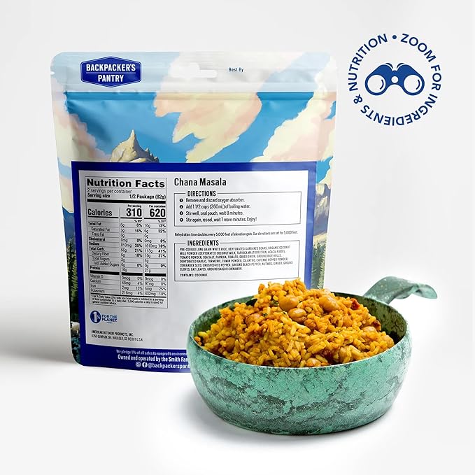 Backpacker's Pantry Chana Masala, 2 Servings Per Pouch (6 Count), Freeze Dried Food, 14 Grams of Protein, Vegan, Gluten Free
