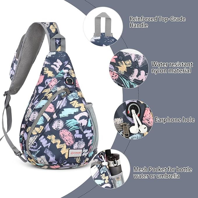 ZOMAKE Sling Bag,Small Crossbody Sling Backpack,Water Resistant Shoulder Daypack for Travel,Anti Thief Chest Bag for Hiking(Graffiti Black)
