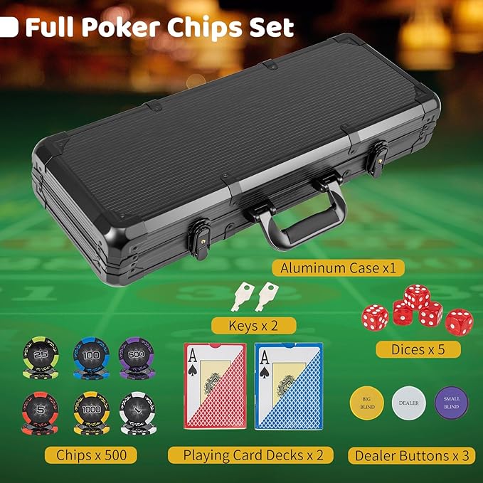 Goplus Poker Chip Set, 300 PCS/500 PCS 14 Gram Clay Poker Chips w/ Aluminum Case, Card Decks, Dealer Buttons, Dices, for Texas Holdem, Blackjack, Casino Gambling (500 PCS Chips Set)