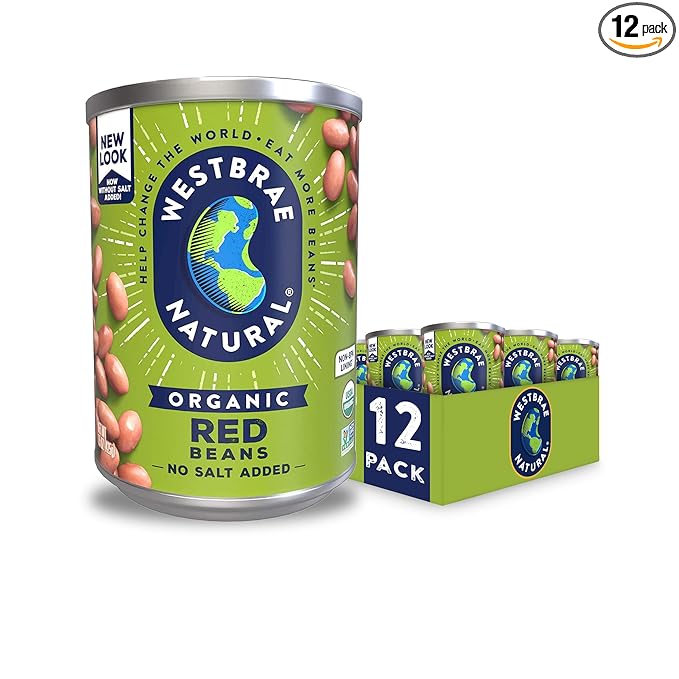 WESTBRAE 15 oz Natural Organic Red Beans, No Salt Added, Source of Plant Based Protein and Fiber, Low Fat, Gluten Free, (Pack of 12)