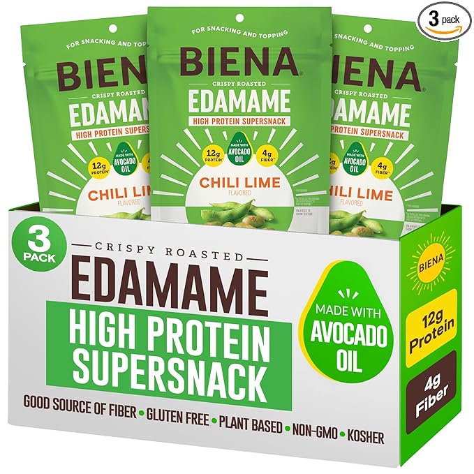 Biena Crispy Roasted Edamame Beans Snack ??High Protein Snack for Adults & Kids, 12g-13g Protein per Serving - Made with Avocado Oil ??Vegan, Low Carb, Gluten-Free ??3-Pack 4.75oz, Chili Lime