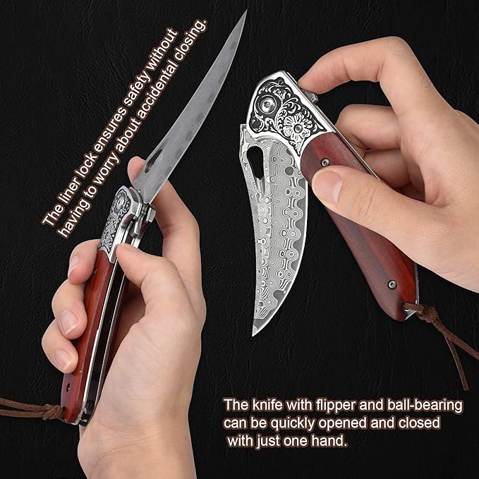 KOMWERO Damascus Pocket Knife for Men Women, Sharp VG10 Core Damascus Steel Knife for Outdoor Camping Survival Hunting - Wood Handle, Ball Bearing, Leather Sheath, Liner Lock