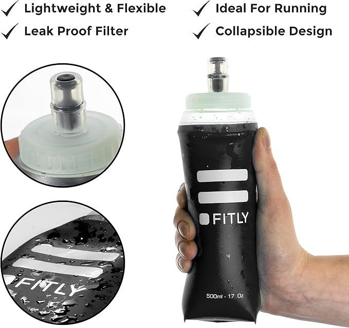 FITLY Large Soft Flask - 17 oz (500 ml) - Shrink As You Drink Pocket Soft Water Bottle for Hydration Pack/Running Vest- Folding Water Bottle for Running, Hiking, Cycling - Ski Water Bottles (F5L)