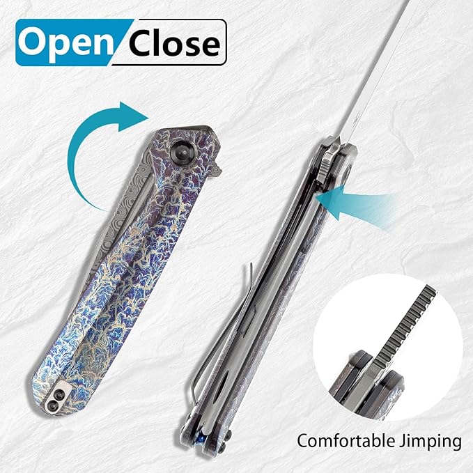 KANSEPT Qilin Pocket Knife, 3.24'' Damascus Sharp Blade, Titanium Lightning Strike Finish Handle for Edc, Flipper and Liner Lock with Double-Sided Clip, Men Camping Survival Folding Knives K1047A3