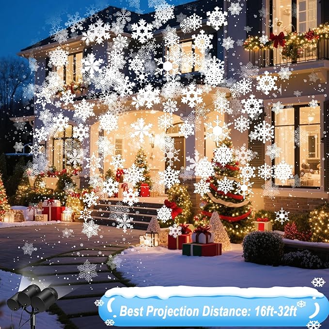 Snowflake Christmas Projector Lights Outdoor, [Timer] Triple Head Snowflake Projector Light, Waterproof 360°Rotating LED Snowfall Projector for Holiday Party Yard Garden Indoor Christmas Decoration