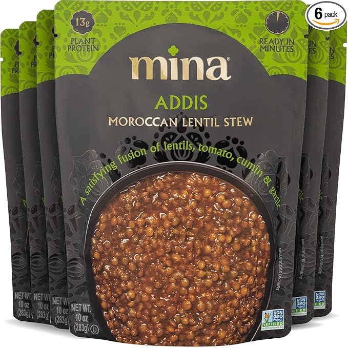 Mina Moroccan Lentils, Ready to Eat, Lentils High In Plant Based Protein, Vegan, Non-GMO, Gluten Free, Kosher, Microwavable, Packaged Meals & Side Dishes, 10 oz (Pack of 6)