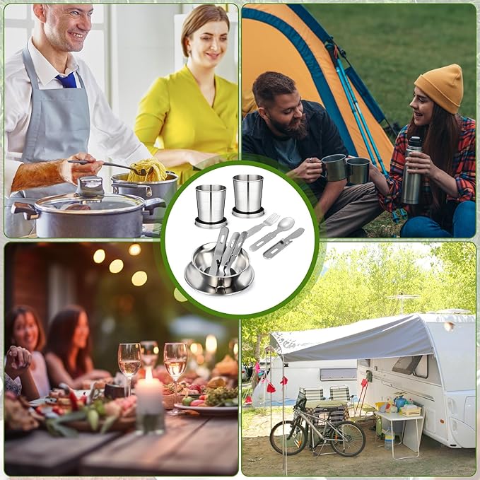 LemonRoad 2 Set Stainless Steel Camping Utensil Kit, Include 2 Collapsible Cups with Lid and Keychain, 2 Plates, 2 Bowls, 2 Spoons, 2 Forks and 2 Knives Camp Dinnerware for Hiking, Picnic, Travel