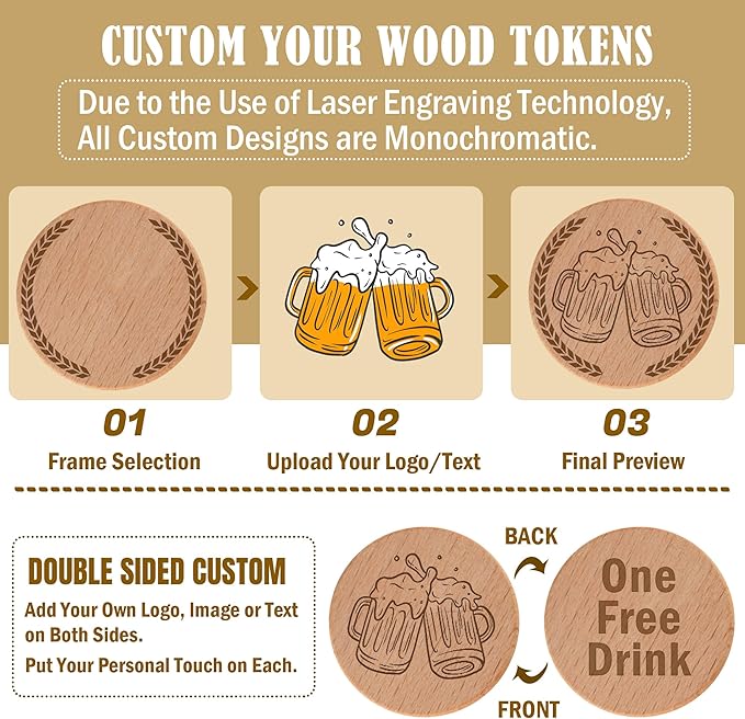 30-1000pcs 40mm Custom Wooden Drink Tokens,Double-Sided Laser Engraved with Logo,Text or Images,Personalized Round Wood Chips for Bars,Weddings,Parties,Corporate Events Promotions