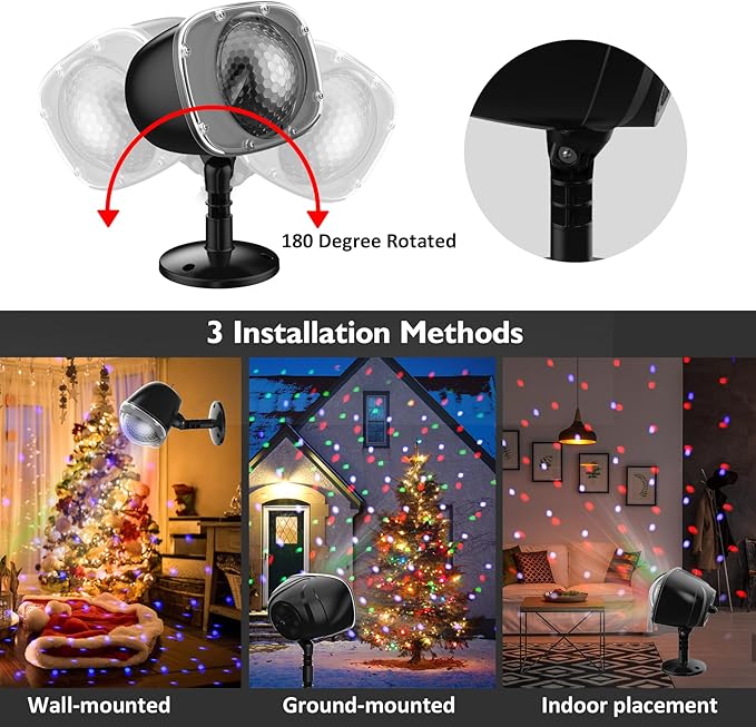 Elec3 Christmas Snow Projector Lights Outdoor, RGBW Snowfall Projector Lamp Rotating Falling Snow Projector with Remote Control Landscape Multicolor Lights for House Yard Garden Halloween Xmas Decor