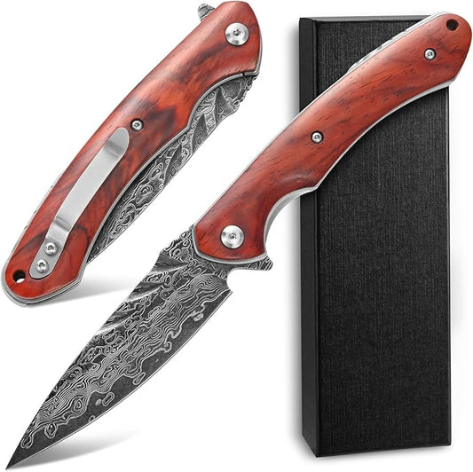 Sitivien ST242 Damascus Steel Folding Knife,Flipper Liner Lock Knife with Damascus VG10 Core Blade,Dalbergia Handle for Everyday Carry, Hunting and Outdoor …