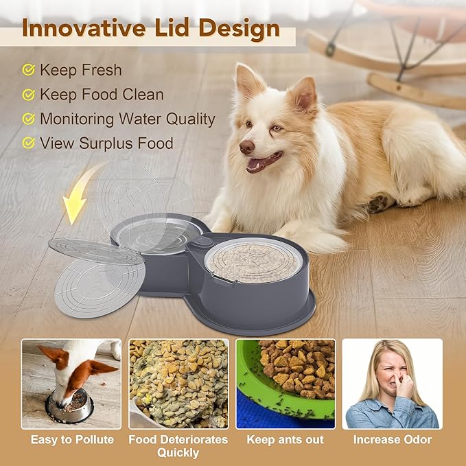 Stainless Steel Dog Bowl Set with Lids, 304 Metal Dual Food & Water Bowls for Dogs & Cats, Foldable Pet Feeder with Cover Keeps Food Fresh, Anti-Skid Dog Dish for Small/Medium/Large Pets