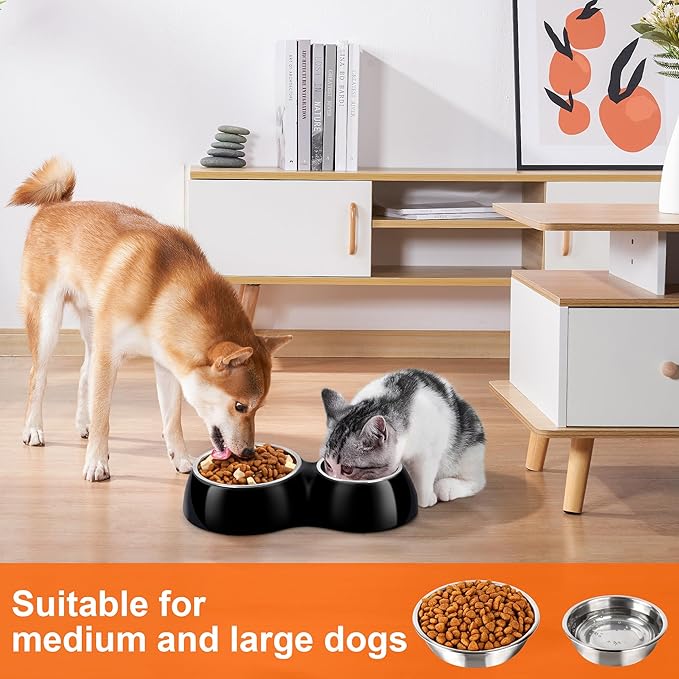 Double Dog Bowls Set ??Non-Slip Pet Food & Water Dishes with Resin Stand, Includes Small (1 Cup) & Medium (2 Cups) Bowls ??Ideal for Puppies, Cats, and Medium Dogs ?“Black