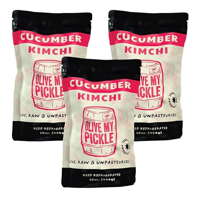 Olive My Pickle Organic Kimchi Fermented - 48 oz | 3-Pack of Probiotic Cucumber Kimchi Vegan | Fresh Korean Kimchi with Natural Probiotics for Gut Health - Perfect for Ramen & Spicy Kimchi Noodles