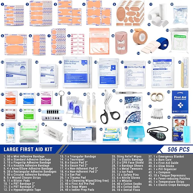 Professional 506 PCS First Aid Kit ??4-in-1 Detachable Emergency Medical Kit for Home, Car, Travel, Camping, Hiking, Workplace, Vehicle and Outdoor, Large First Aid Kit Survival