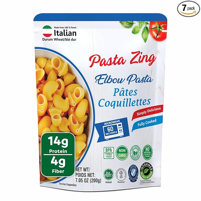 Pasta Zing Elbow Pasta – Fully Cooked, Microwave-Ready in 60 Seconds, Made with 100% Italian Durum Wheat, Non-GMO, Halal & Kosher Certified – 7.05 oz (Pack of 7)