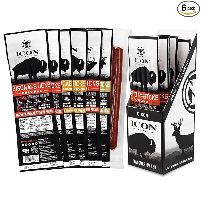 ICON Meats Snack Sticks Sampler - Assorted Flavors of Bison, Elk, Venison and Pork Jerky Sticks – 6 Packs Included Per Box, 4 Strips Per Pack - USDA Approved, All Natural Artisan Meats