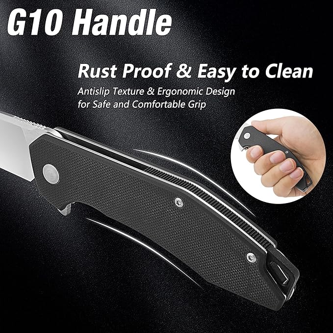 FLISSA Pocket Knife, Folding Tactical Knife with G10 Handle, D2 Blade, Liner Lock, Pocket Clip, EDC Knife for Hiking, Camping, Survival, Indoor and Outdoor Activities(Black)