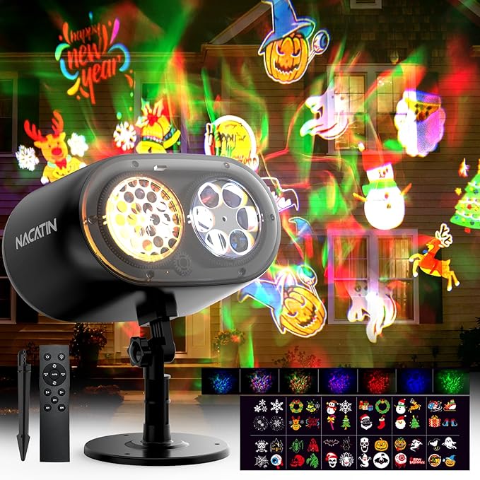 NACATIN Halloween Christmas Projector Lights，2-in-1 3D Ocean Wave & 12 HD Patterns, No Card Needed Design with Remote & Timer, Waterproof Holiday Projector Lights Outdoor for Xmas Halloween Party