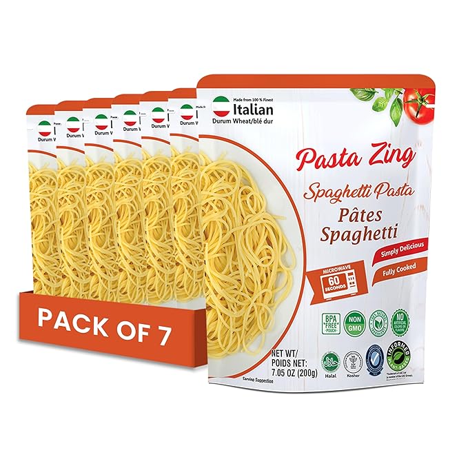 Pasta Zing Spaghetti Pasta Made with Italian Durum Wheat | Ready to Eat Meals in 60 seconds | Fully Cooked, Microwave Meals, Ready Pasta for Dinner, Easy Dinner Sides | Pack of 7, 7.05 Ounce