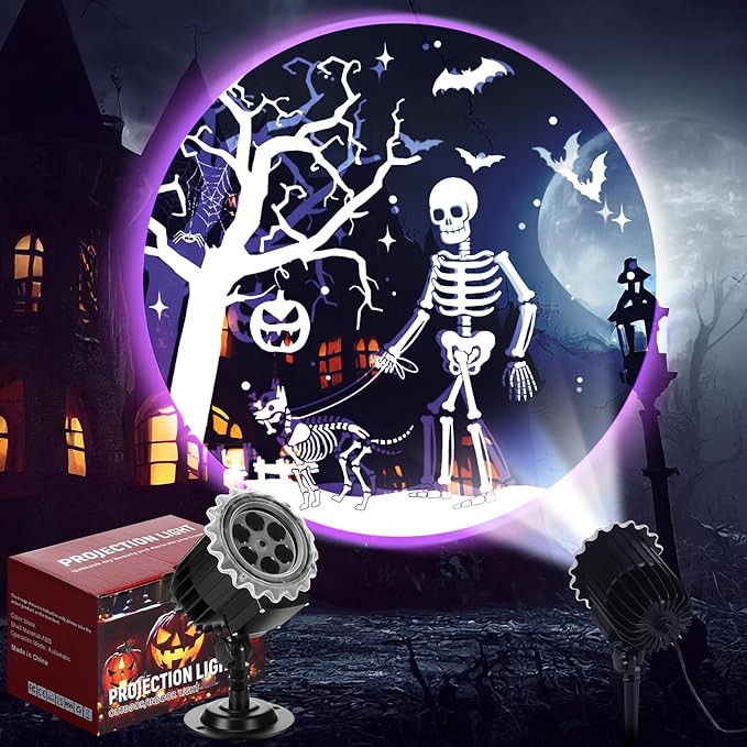 Halloween Projector Light with 1 Film Slides Holiday LED Projector Lights Outdoor Reflectors Waterproof Landscape Decorative Rotation Lighting Movement Projection Lamp(Skeletons and Dogs)