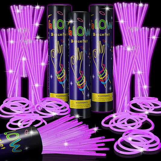 Hanaive 300 Pcs Glow Sticks Bulk 8 Inch Glow in The Dark Party Favors Neon Bracelets and Necklaces Light up Sticks with Connectors for Holiday Birthday Party Supplies(Purple)