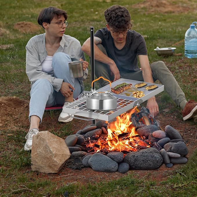 Skyflame Folding Campfire Grill Grate, Stainless Steel Swivel Camping Grill Grate and Griddle with Carrying Bag, Portable Outdoor Cooking Equipment for Open Flame Fire Pit, Backpacking, Camping