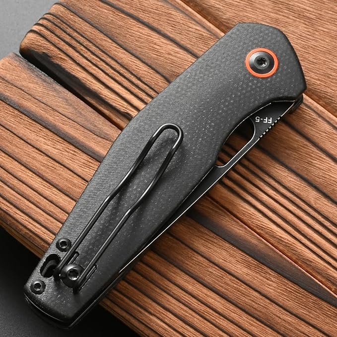 FF5 Folding Pocket Knife,DC53 Steel Blade Micarta Handle with Pocket Clip for Outdoor Camping Hunting Fishing Working (Black)