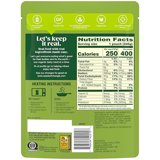SEEDS OF CHANGE Organic Brown Jasmine Rice with Cilantro Lime, Organic Food, 8.5 oz Pouch (Pack of 12)