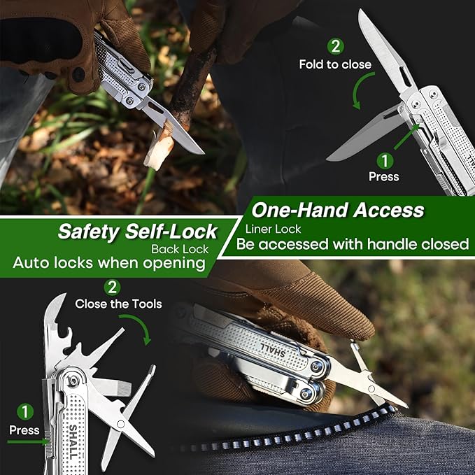 SHALL Multi Tool, 18-in-1 Multitool Pliers, Stainless Steel Multi-tool Pocket Knife w/Screwdriver Bit & Universal Socket, Self-locking Multipurpose Tool w/Sheath for Camping Fishing Survival Hunting