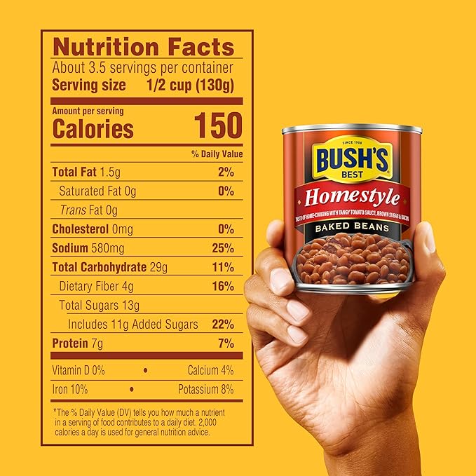 BUSH'S BEST 16 oz Canned Homestyle Baked Beans, Source of Plant Based Protein and Fiber, Low Fat, Gluten Free, (Pack of 12)
