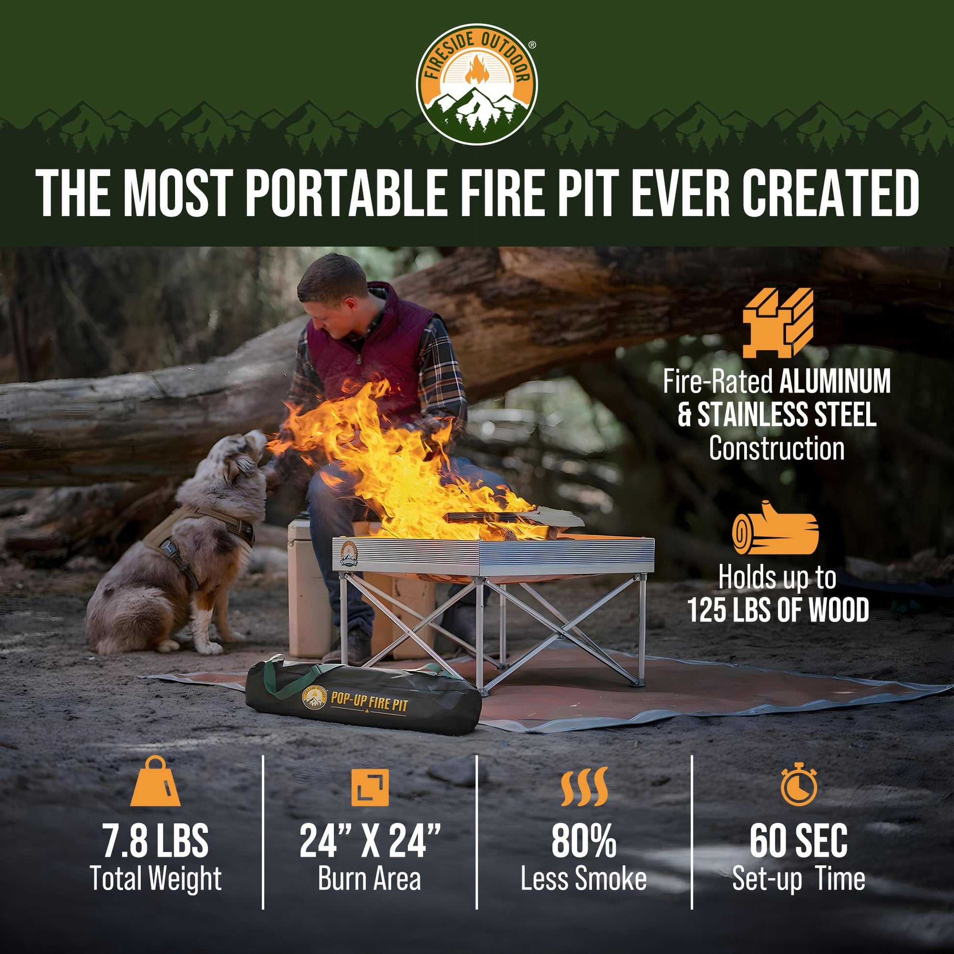 Fireside Outdoor Portable Fire Pit for Camping Fire Pit 24 Inch - Collapsible Pop Up Firepits for