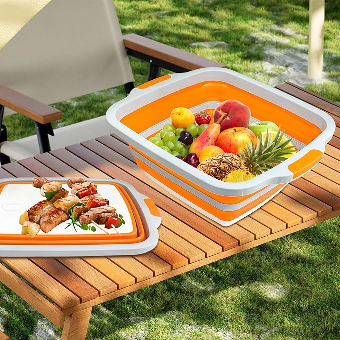 Collapsible BBQ Prep Tubs with Lids, Grill Cutting Board, Camping Sink with Drainage Hole for Meal Prep, Fruit Wash and Food Storage, Marinating Container, 30L Orange Tub 24"