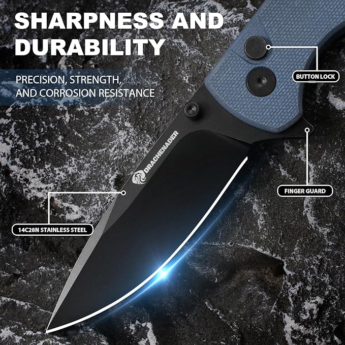 Pocket Knife for Men Y-M with 14C28N Steel Blade, Button Lock with Safety Switch, Blue G10 Handle, 7.28" Folding Knife with Clip and Sheath