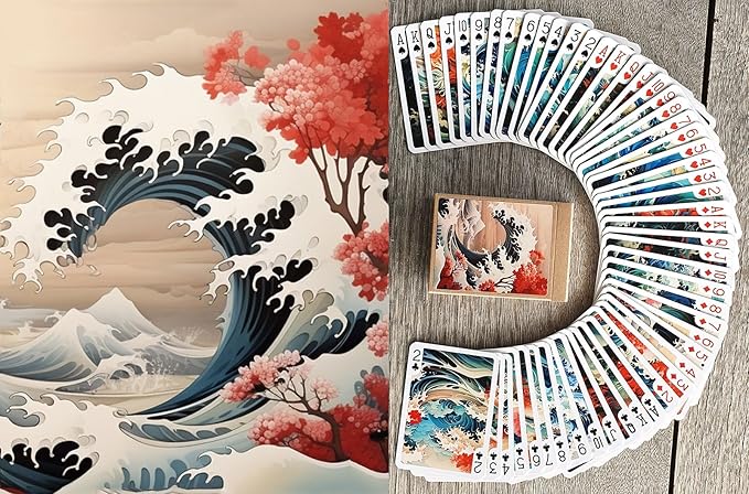 Roaring Waves and Majestic Beasts Playing Cards (Poker Deck 54 Cards All Different) Great Wave Japan Sakura and Ancient Demons Vintage Styled Illustration