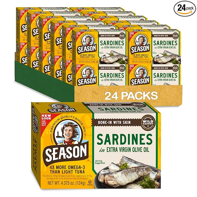 Season Sardines in Extra Virgin Olive Oil - Wild Caught, 22g of Protein, Keto Snacks, More Omega 3's Than Tuna, Kosher, High in Calcium, Canned Sardines - 4.37 Oz Tins, 24-Pack