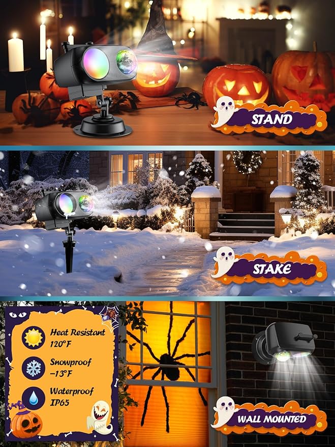 8-Pattern Halloween Projector Lights Outdoor, Anysun Brighter 160 HD Patterns Halloween Decor, 2-in-1 Ocean Wave Snowflake Christmas Projector Waterproof with Timer for Garden Party Landscape Show