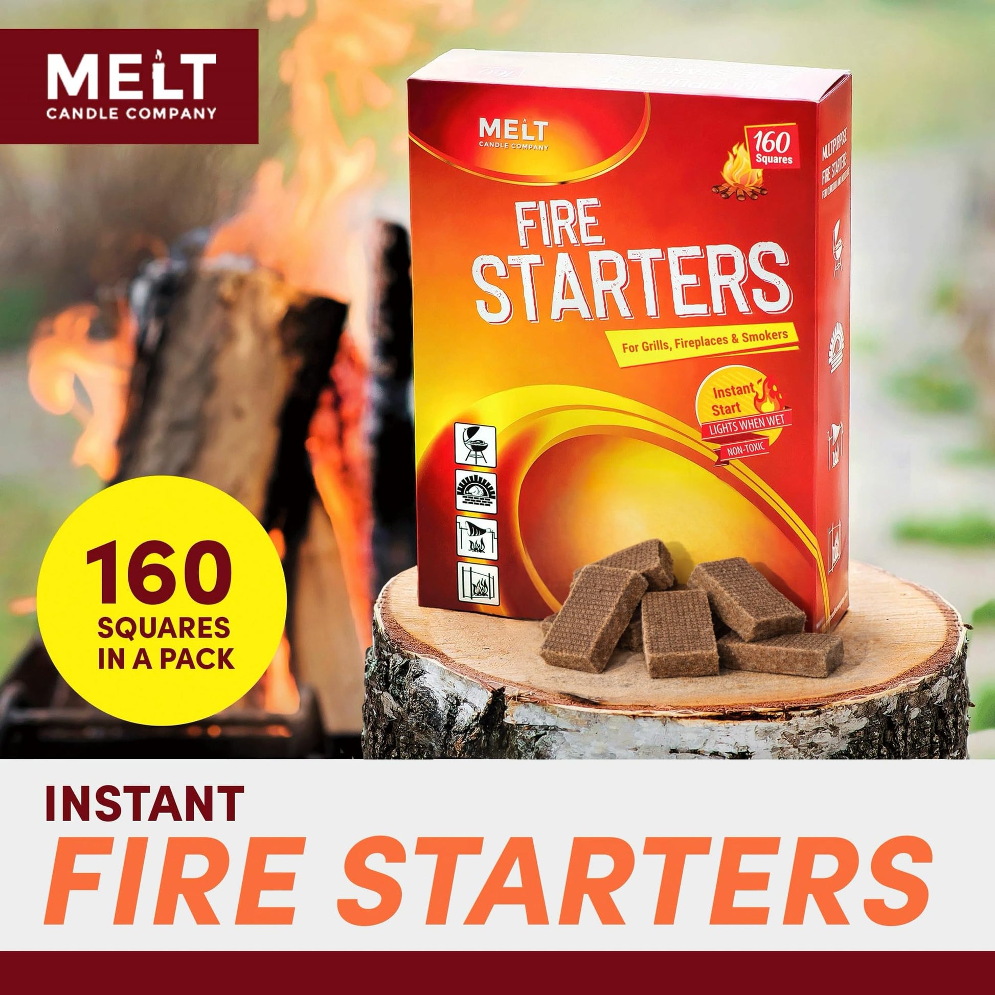 Fire Starter Squares, 160 pcs - Charcoal Fire Starters for Campfires, Grill, Outdoor Pit