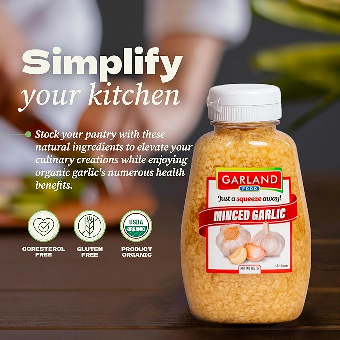 Garland Food Squeezable Minced Garlic in Water 9.5 oz ??Made in the USA - Garlic Minced Squeeze Bottle for Fresh Flavor, Time-Saving Prep, and Versatile Uses in Every Dish
