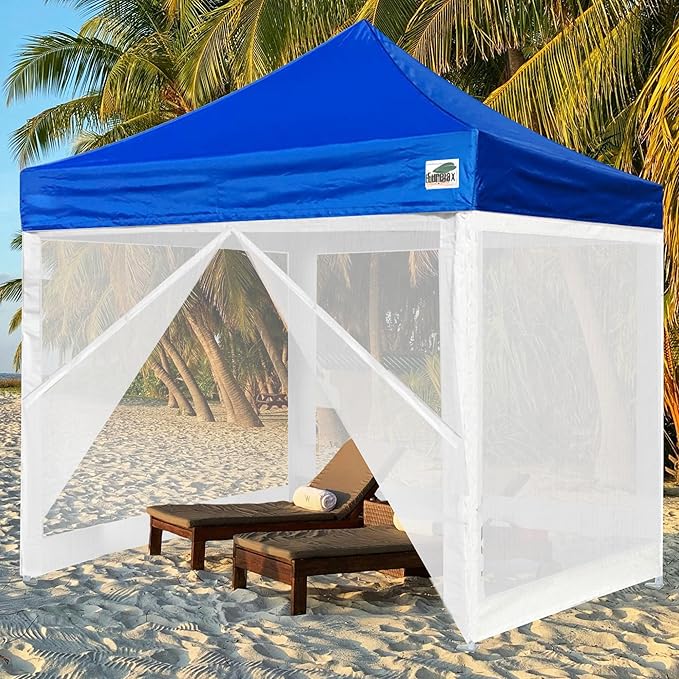Eurmax USA 10'x10' Pop-up Canopy Tent Commercial Instant Canopies with 4 Removable Zipper End Screen Wall kit and Roller Bag, Bonus 4 SandBags(Blue)