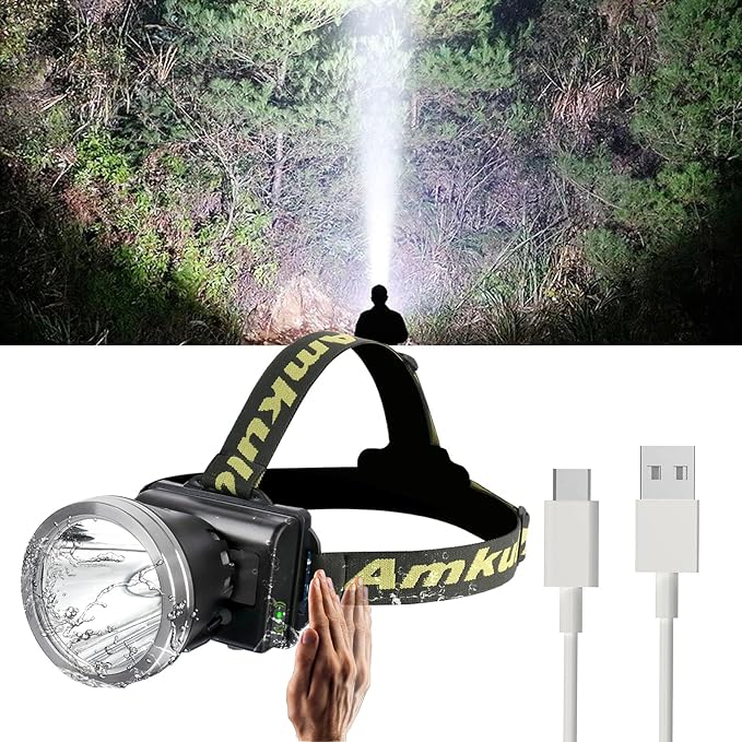 Super Bright Headlamp,USB C Led Rechargeable Head Lamp, Waterproof Headlight for Forehead-72H Battery Life, 90°adjustable Sensor Headlamps Flashlight for Outdoor Hunting,Camping,Fishing(500m Beam)