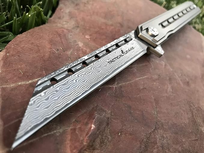 TACTICAL GEARZ Damascus Pocket Knife for EDC, Solid Titanium Handle, 67 Multi-Layered Damascus Steel VG10 Tanto Blade, Includes Sheath (Onyx XT Platinum)