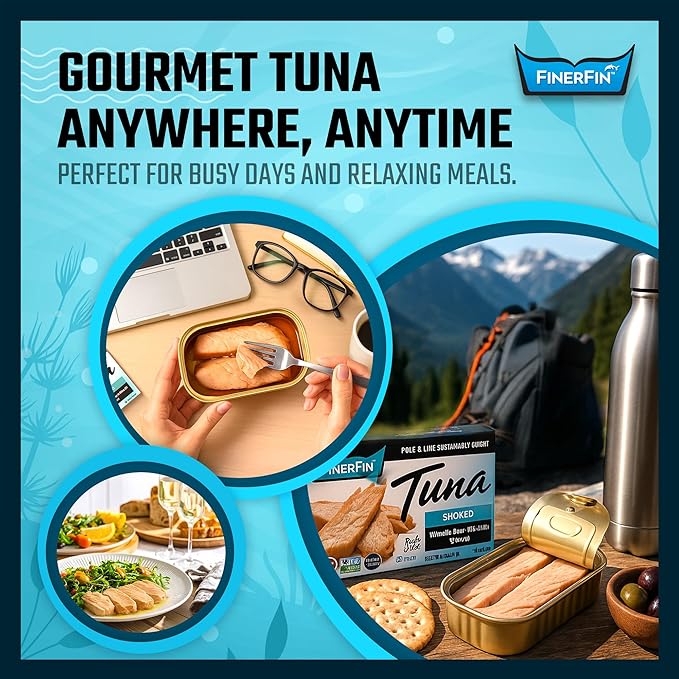 FinerFin Premium Smoked Yellowfin Tuna Fillets in Organic Extra Virgin Olive Oil, 4.4 oz (12 Pack) | Hand Cut | Gourmet Ready-to-Eat Fillets | Gluten Free | Kosher