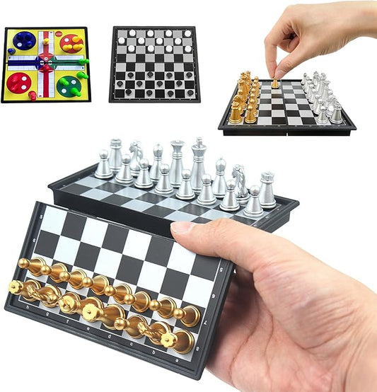 3 in 1 Magnetic Chess Set - 6.69" Portable Folding Board with Chess, Checker, Ludo Games | No Stress Travel Essentials for Beginners & Professionals, Indoor Outdoor Use