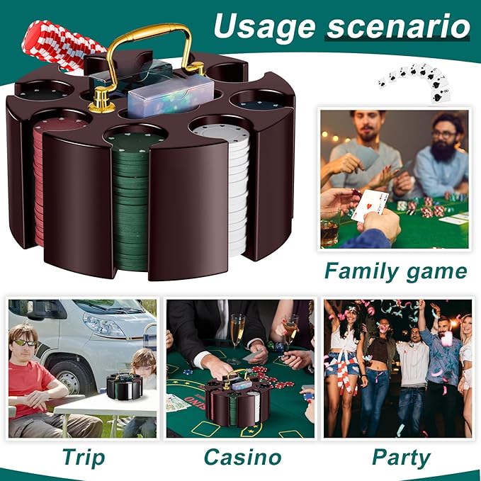 Wettarn Poker Chips Poker Set, 200 Count Rotating Chip Case Wood Carousel Case Holder with 200 Pcs Chips and 2 Decks of Playing Cards for Casino Party Supplies Family Game Accessory