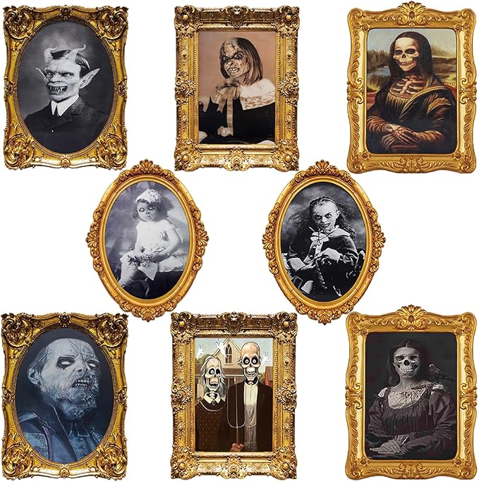 ECGER Halloween Decorations Indoor, Haunted Scary Decor - 3D Changing Face Pictures, Vintage Moving Wall Portraits Frame, For Horror Spooky Party Mansion Castle House Home Decoration(8 Pieces)